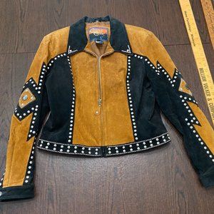 Cripple Creek Black Brown Leather Suede Western Jacket Beaded Women’s Large